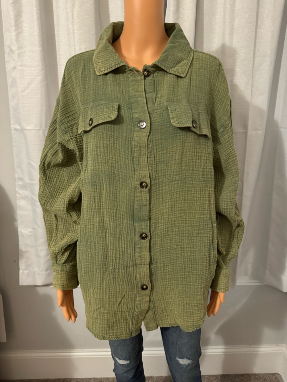Cool Bibi size S vintage wash green relaxed long sleeve button up shirt new